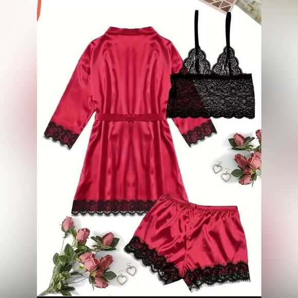 4 Pieces Set-  Woman Satin Lace Lingerie Set,Wine Red Nightwear - Picture 3 of 3